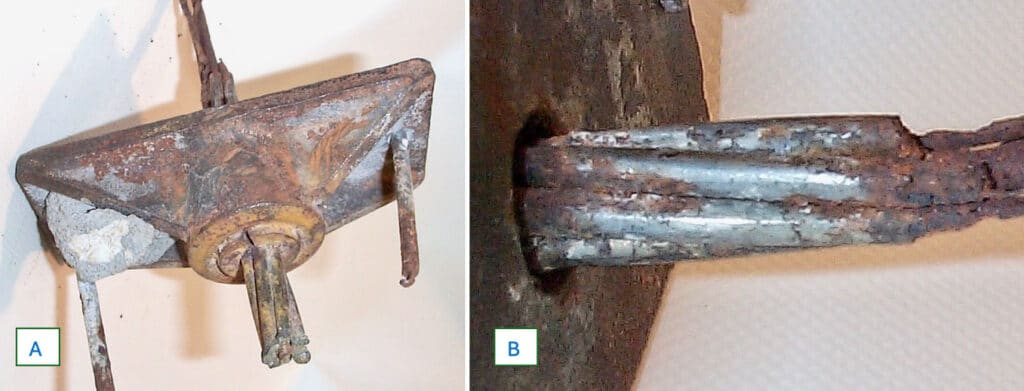 Image 10a: This extracted anchor exhibits minimal corrosion of the strand tail, anchor, & wedges. 10B. Yet the portion of strand under tension had failed due to significant corrosion.