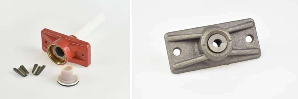 An encapsulated stressing anchor on the left, and non-encapsulated anchor on the right