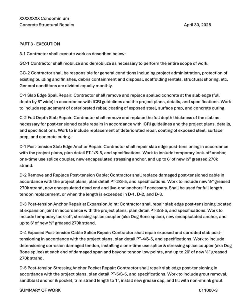 Example of specification summary of work descriptions