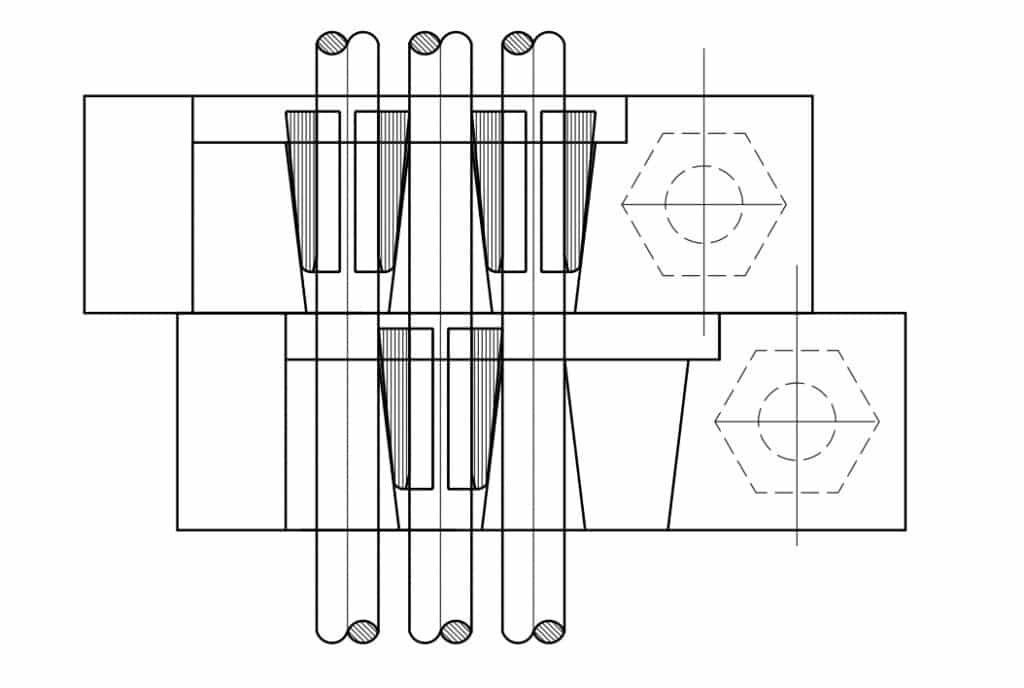 Multi-Cable Lock-Off anchor cross section that shows how it functions to secure multiple cables