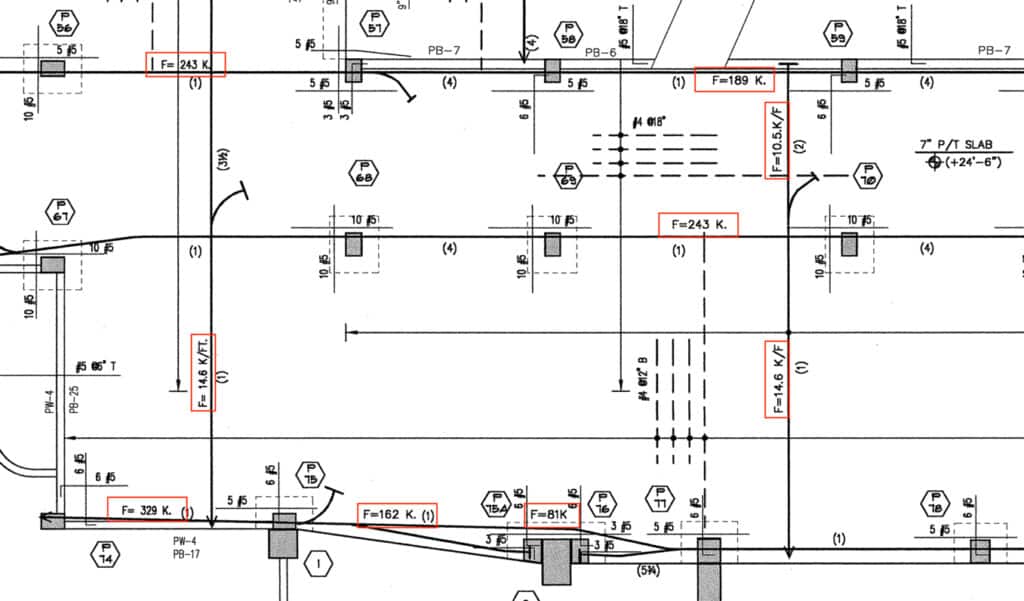 Post-tension load requirements noted on a structural plan